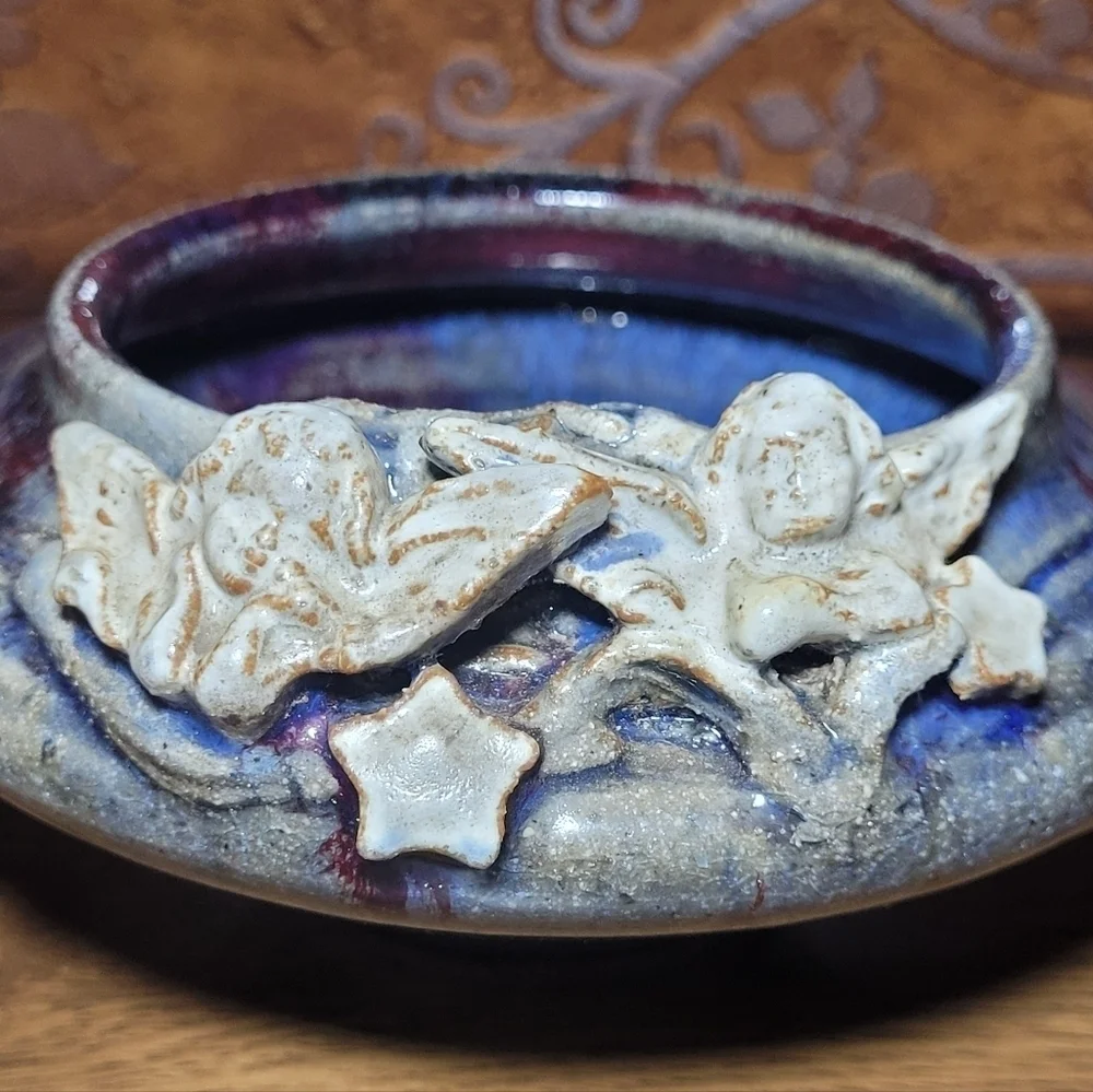 Handmade Pottery Flower Pot Cachepot Planter Utility‎ Bowl Cherubs Angel Blue